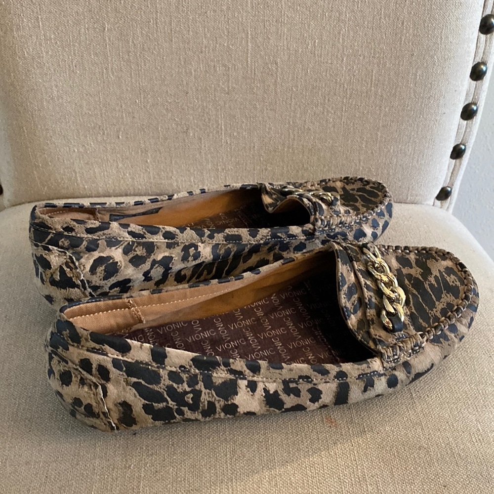Vionic Animal Print Loafers with Gold Chain